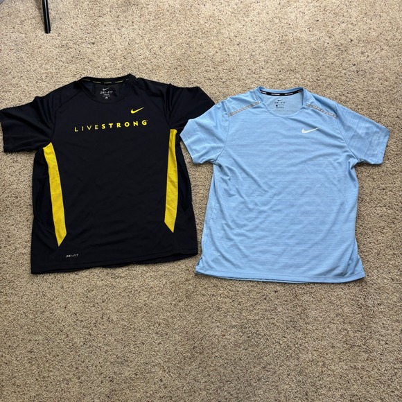 Lot of 2 Mens L Nike Active Tops Shirts Short Sleeve Logo Livestrong Black Blue - Picture 1 of 4